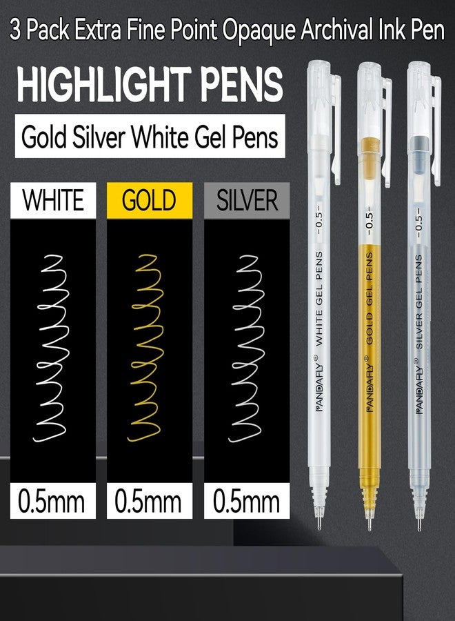 باندافلاي أقلام جل باندافلاي ذهبية وفضية وبيضاء، برأس رفيع للغاية 0.5 مم، حبر أرشيفي، مثالية للكتابة والرسم والفنون - هدية مثالية للفنانين، وهدايا الأعياد، ومشاريع الأعمال اليدوية، عبوة من 3 أقلام - Image 2